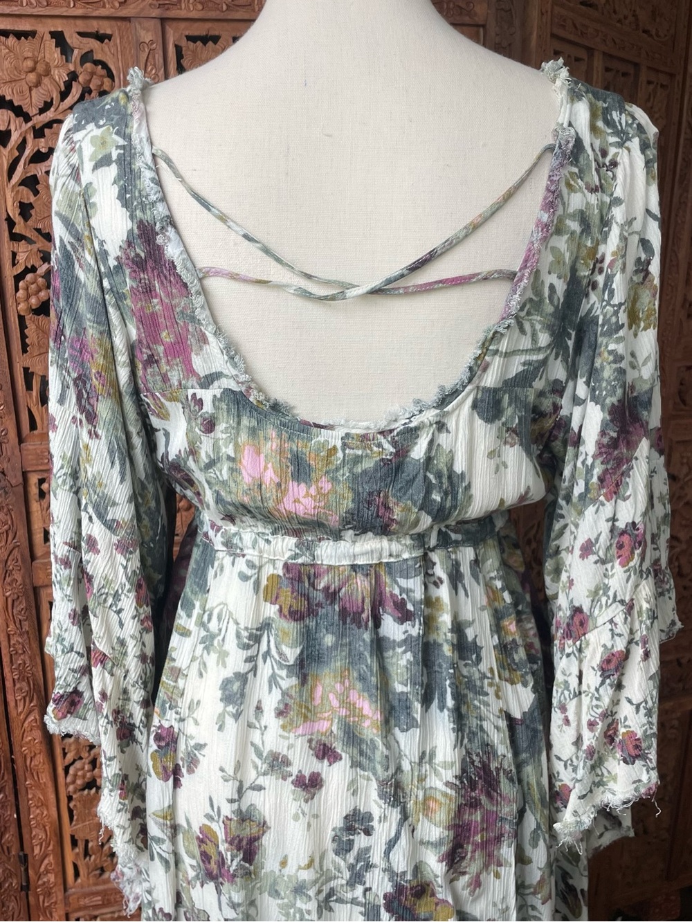 Free People Boho Tiered Flowey Peasant Festival Floral Flare Sleeve mini Dress - Picture 10 of 10